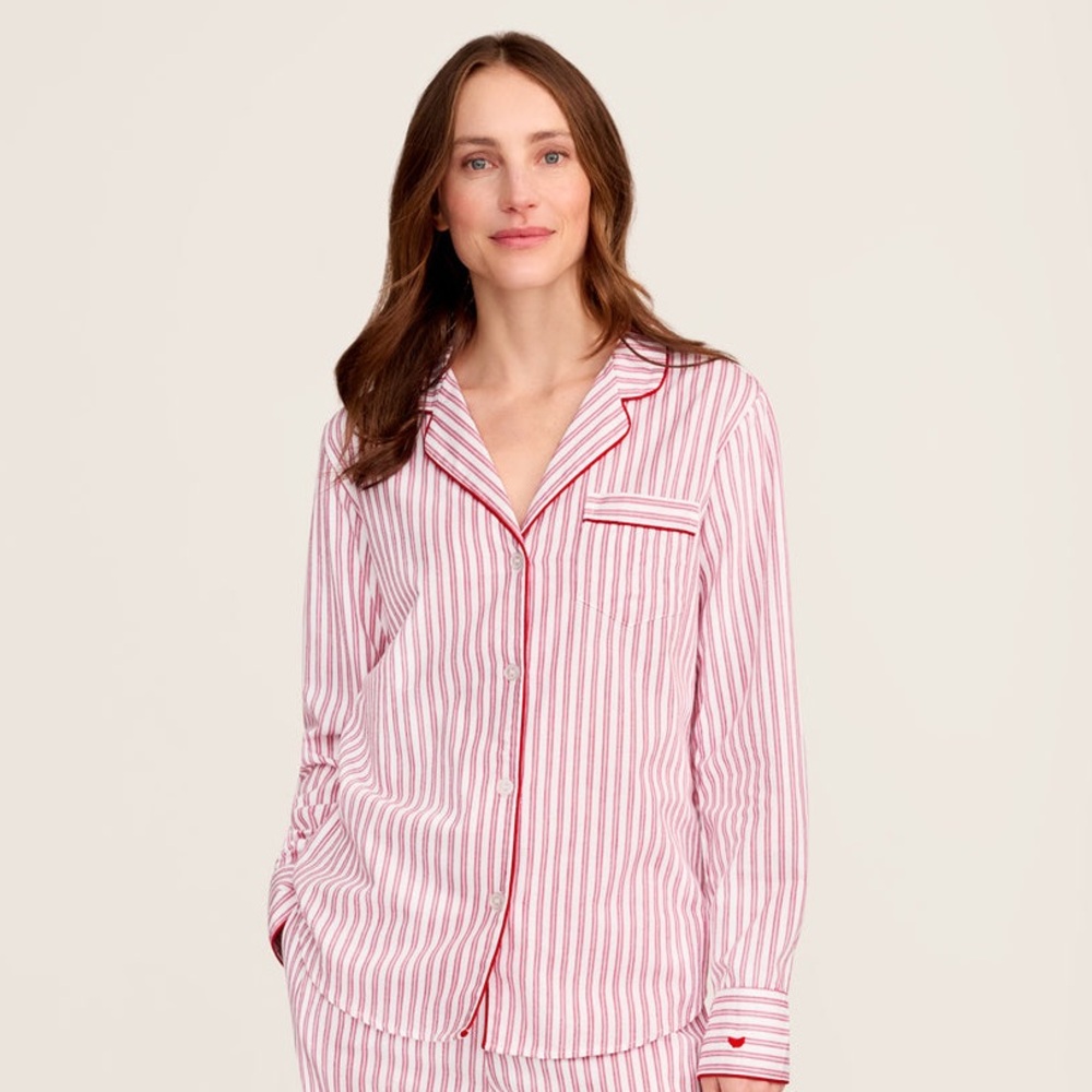 Petite Plume Women’s Cotton Twill Pajama Shirt Size XS Antique Red Ticking